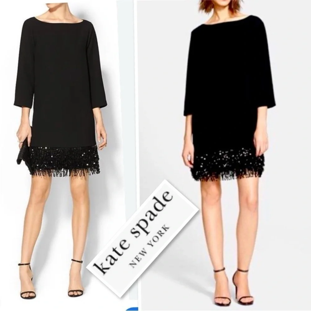 Kate Spade Sequin Fringe Hem Black Cocktail Party Mini Dress LBD Size 10
